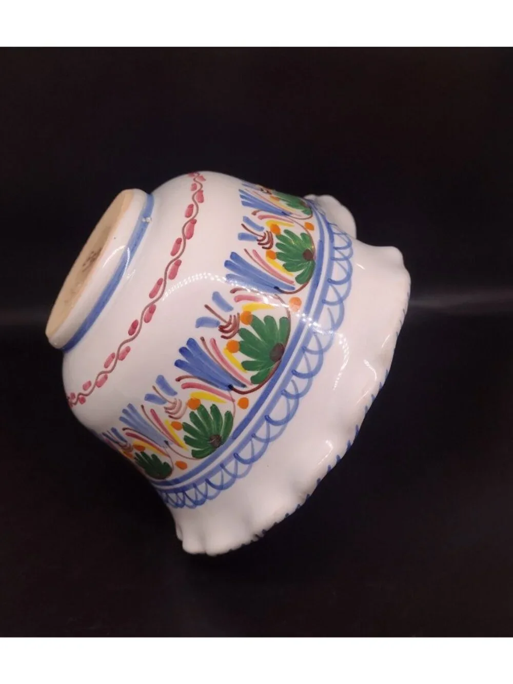 Vintage Spanish Art Pottery Ruffle Handle Basket Handmade Floral 6.25